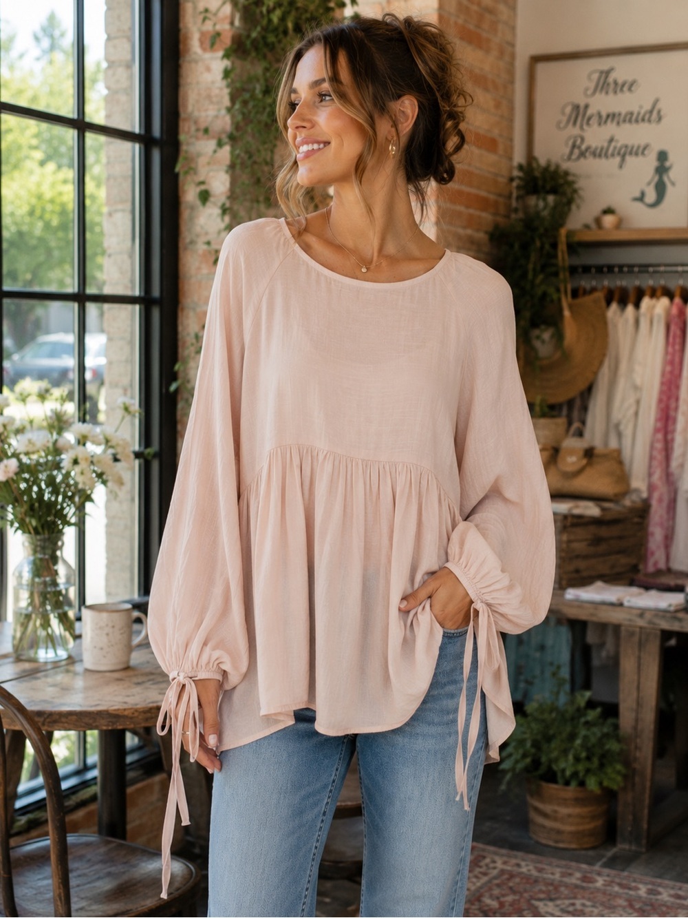 Mable Blush Pink Babydoll Peplum Boho Tie Sleeve Top
